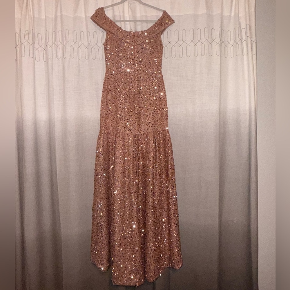 Elegant Rose Gold/Blush Sequin Off-Shoulder Dress - Picture 7 of 8